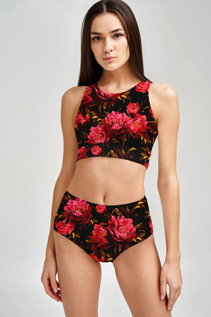 True Passion Cara Black Red Floral Print Hipster Bikini Bottom - Women
