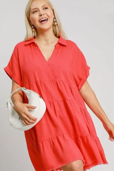 Umgee Raw Hem Folded Sleeve Tiered Dress