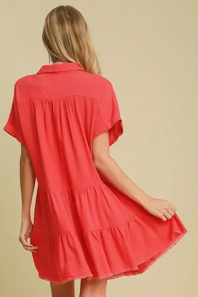 Umgee Raw Hem Folded Sleeve Tiered Dress