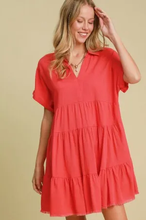 Umgee Raw Hem Folded Sleeve Tiered Dress