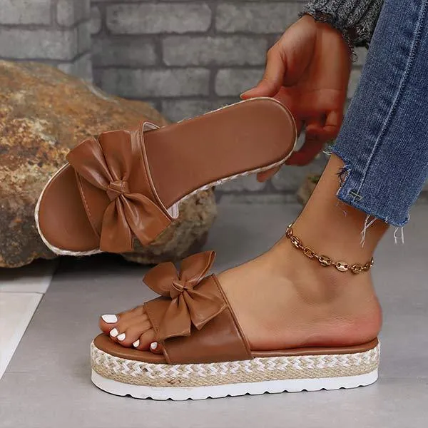 Women's Thick Sole Bowknot Jute Rope Slippers 28966511C