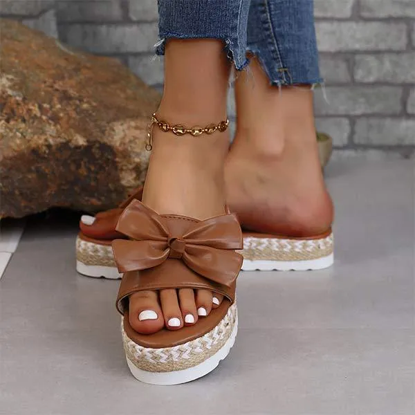 Women's Thick Sole Bowknot Jute Rope Slippers 28966511C