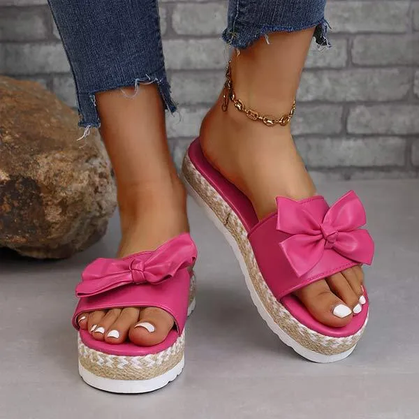 Women's Thick Sole Bowknot Jute Rope Slippers 28966511C