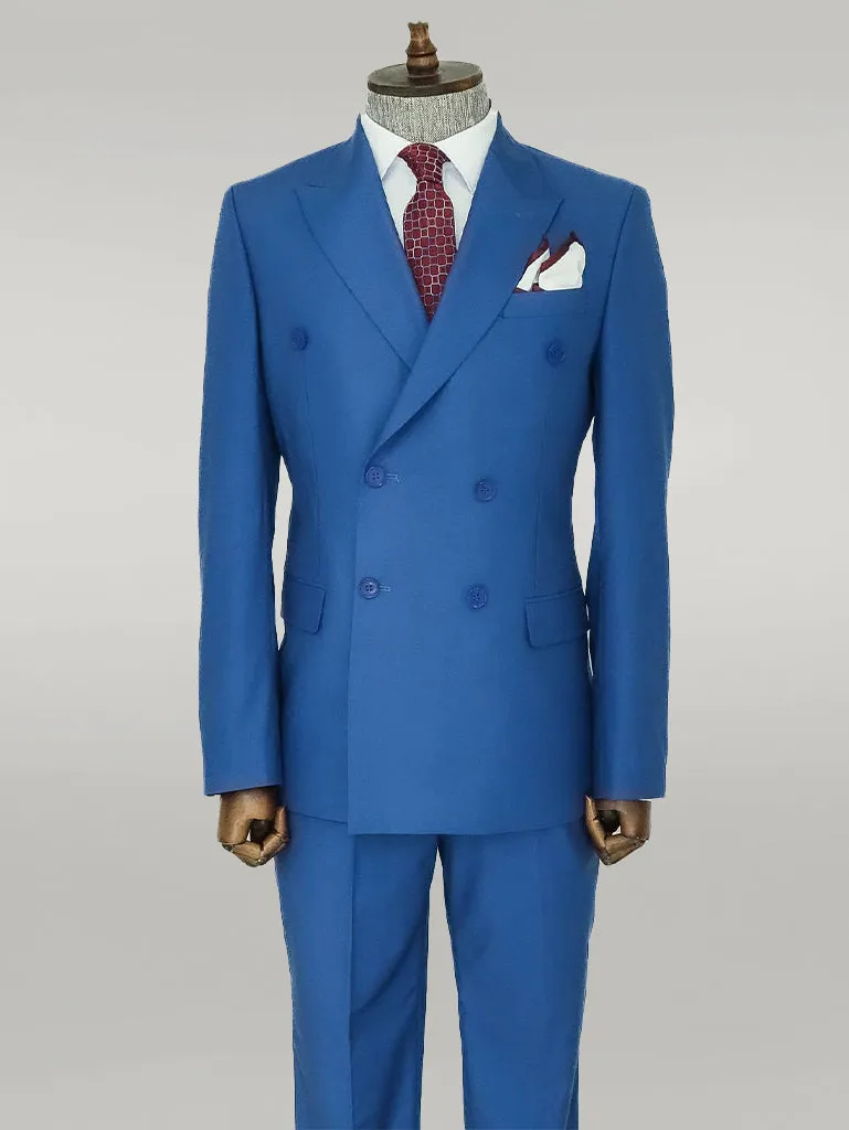 WSS Wide Peak Lapel Striped Slim Fit Blue Men Double-Breasted Suit  - Singen